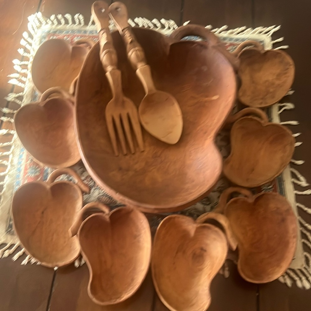 Vintage Hand Carved Wooden Fruit Bowl Set Pear 8 Small bowls Fork Spoon 11 Pcs
